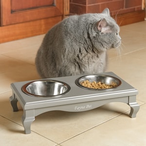 Raised Wooden Feeder for Big Cats With Two Bowls. Elevated Cat Feeder with 2 Bowls, Gray Classic Elevated Cat Bowl, Bowls Stand for Cat