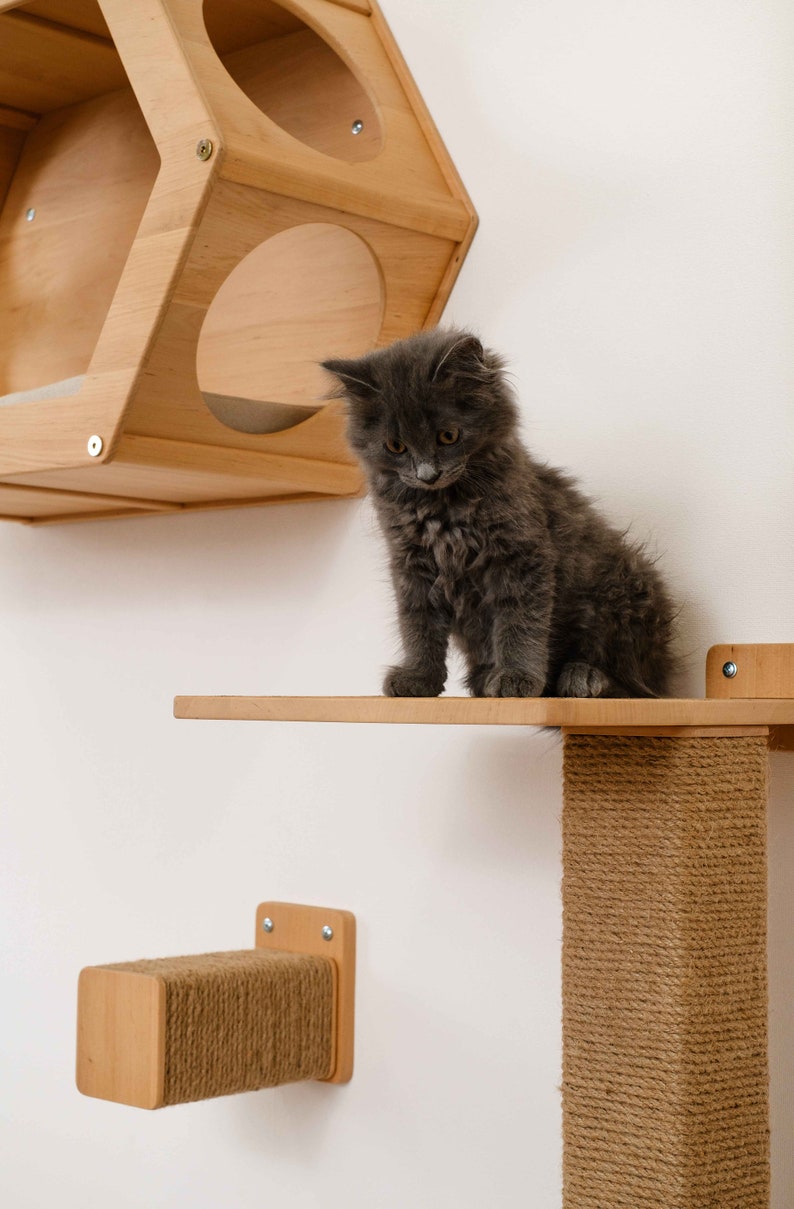 Cat Scratching Post with Shelf and Steps with Jute, Wood Cat Tree, Cat Wall Furniture, Modern Cat Furniture Cat Shelves, Cat Shelf, Cat Tree image 3