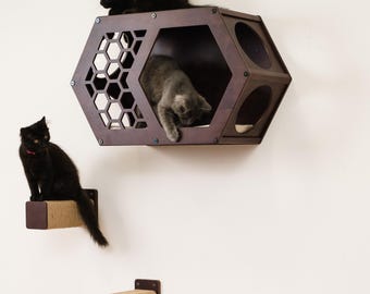 Handmade Hexagon Cat Shelf: Wall Mounted Cat Bed, Natural Wood