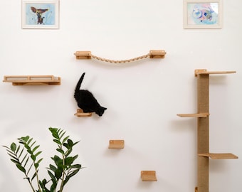 6-Piece Cat Wall Furniture Set: Natural Wood Shelves, Bridge & Scratching Post