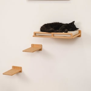 May include: A black cat sleeping on a beige cat bed mounted on a wooden shelf. Two smaller wooden shelves with scratching posts are below the cat bed.