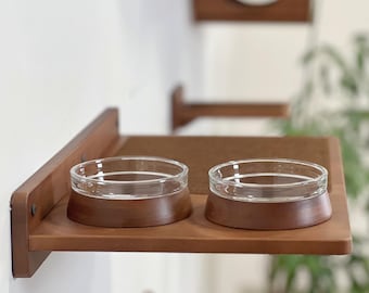 Wall Mounted Cat Feeder Shelf: Natural Wood Cat Bowls
