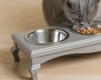 Elevated Cat Feeder: Raised Wood Stand with 3 Stainless Steel Bowls (M Size)