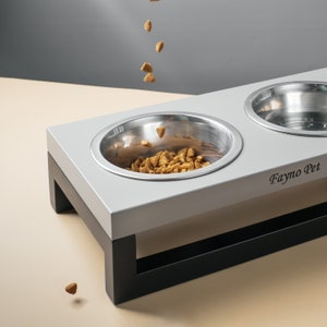 May include: A gray elevated double dog bowl with black legs. The bowl is filled with dry dog food. The brand name "Fayno Pet" is printed on the bowl.