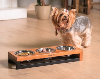 Elevated 3-Bowl Pet Feeder: Modern Solid Wood Cat & Small Dog Stand