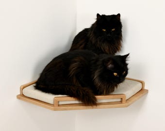 Two Corner Cat Shelves with Cushions: Natural Wood Wall Bed & Perch