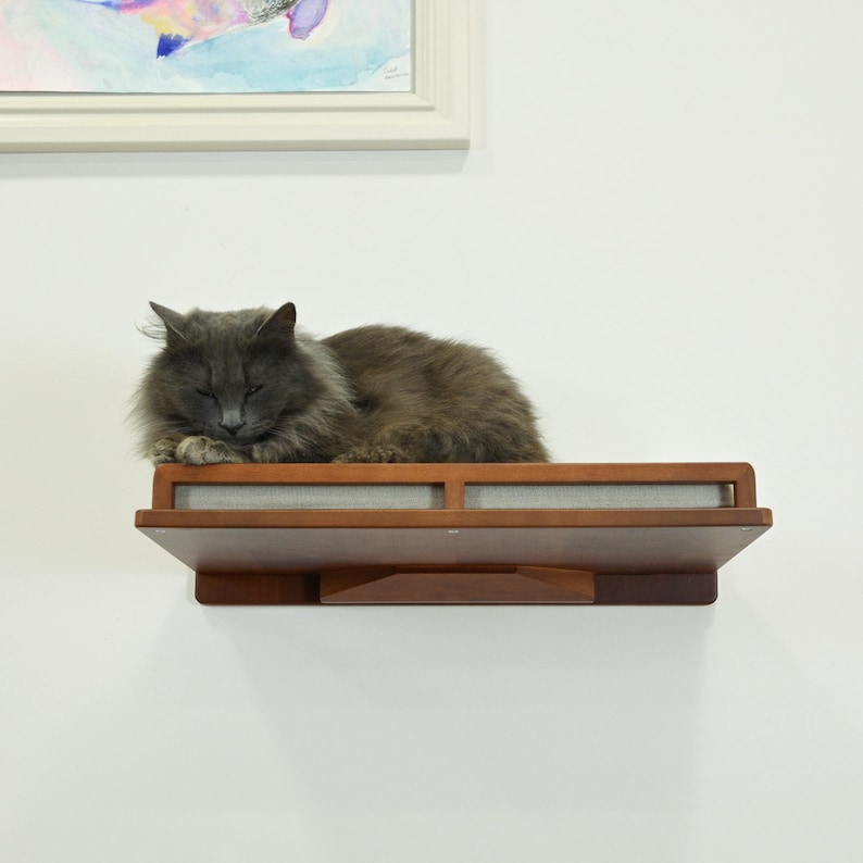 May include: A gray cat is sleeping on a wooden cat shelf mounted on a white wall. The shelf has a rectangular shape with a light-colored fabric insert. A framed painting hangs above the shelf.