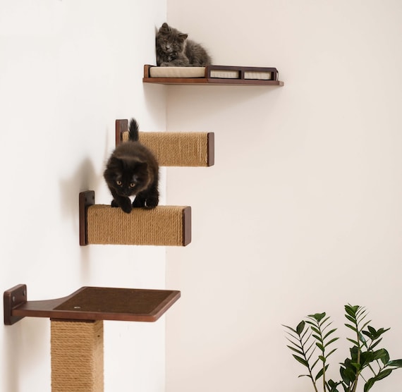 Natural Wood Cat Step with Jute: Wall Mounted Cat Furniture