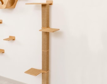 Handmade Jute Cat Scratcher Post with Shelves - Wall Mounted Cat Tree