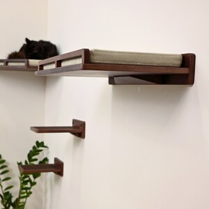 May include: A set of wall-mounted cat shelves in a modern design. The shelves are made of dark wood and feature a rectangular shape with a cushioned top. The set includes multiple shelves of varying sizes, perfect for feline climbing and lounging.