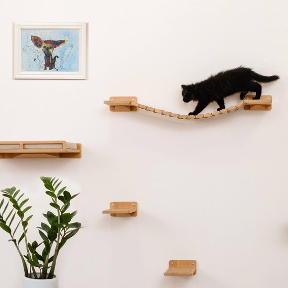Natural Wood Cat Wall Shelf with Pillow: Modern Cat Furniture