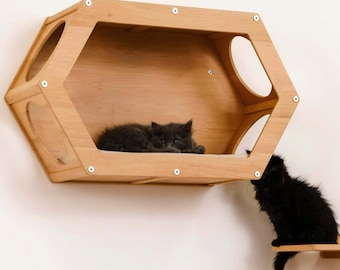 May include: A wooden cat bed shaped like a hexagon with a gray cat resting inside. The bed is mounted to a wall and has a small opening on the side.
