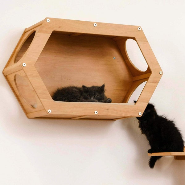 Estante hexagonal para gatos hecho a mano: mueble de pared moderno para gatos grandes
