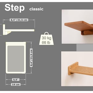 May include: Wooden wall-mounted step shelf, labeled "Step classic." Dimensions are 8.4 inches (21.5 cm) wide, 3 inches high, and 5.5 inches deep (14 cm). The shelf can hold up to 66 lb (30 kg).