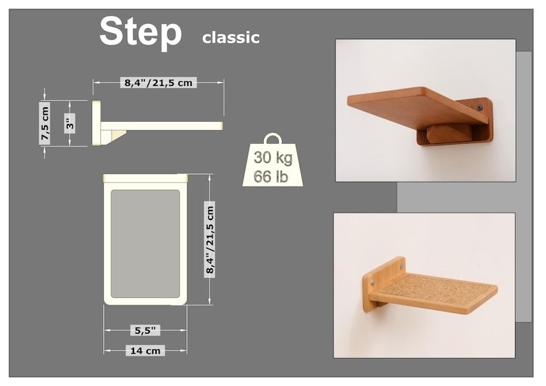May include: Wooden wall-mounted step shelf, labeled "Step classic." Dimensions are 8.4 inches (21.5 cm) wide, 3 inches high, and 5.5 inches deep (14 cm). The shelf can hold up to 66 lb (30 kg).