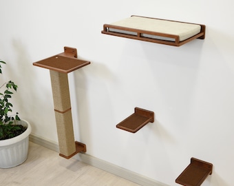 Wall Mounted Cat Furniture Set: Natural Wood Shelves, Steps & Scratching Post