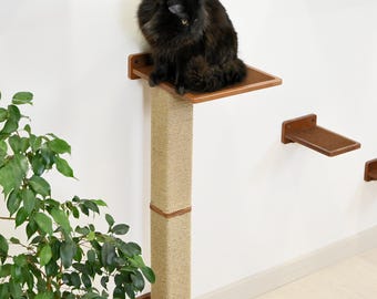 Wall Mounted Cat Scratcher with Shelf: Natural Wood Cat Tree