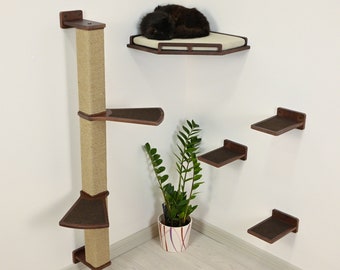 Wall Mounted Cat Furniture Set, Natural Wood Steps, Corner Bed, Scratching Post