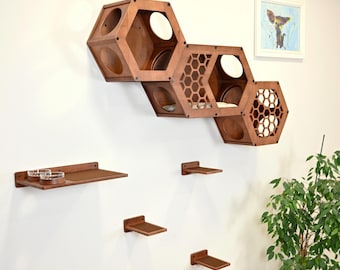 Hexagon Cat House: Natural Wood Wall Shelf & Bed