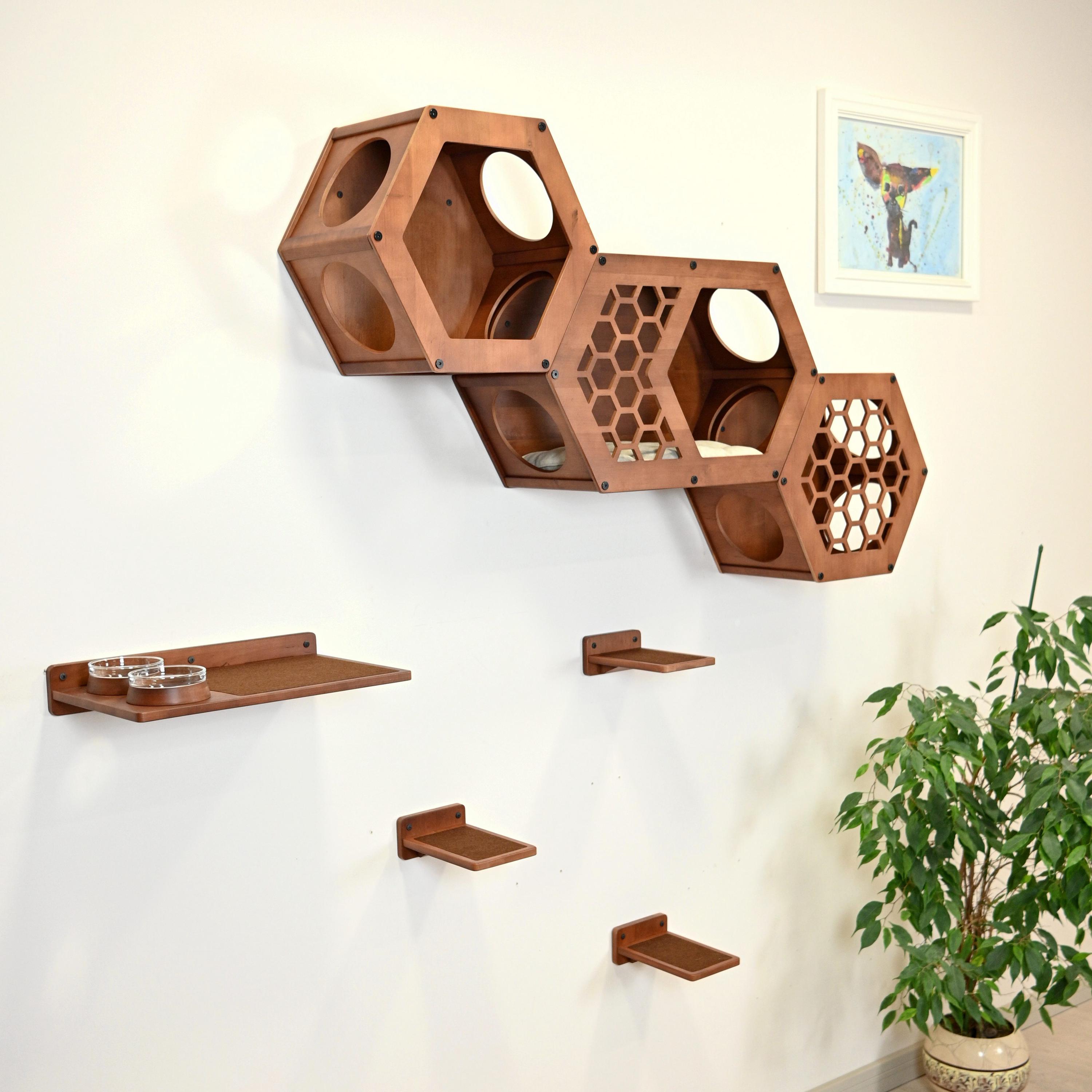 Hexagon Cat House Natural Wood Wall Shelf & Bed