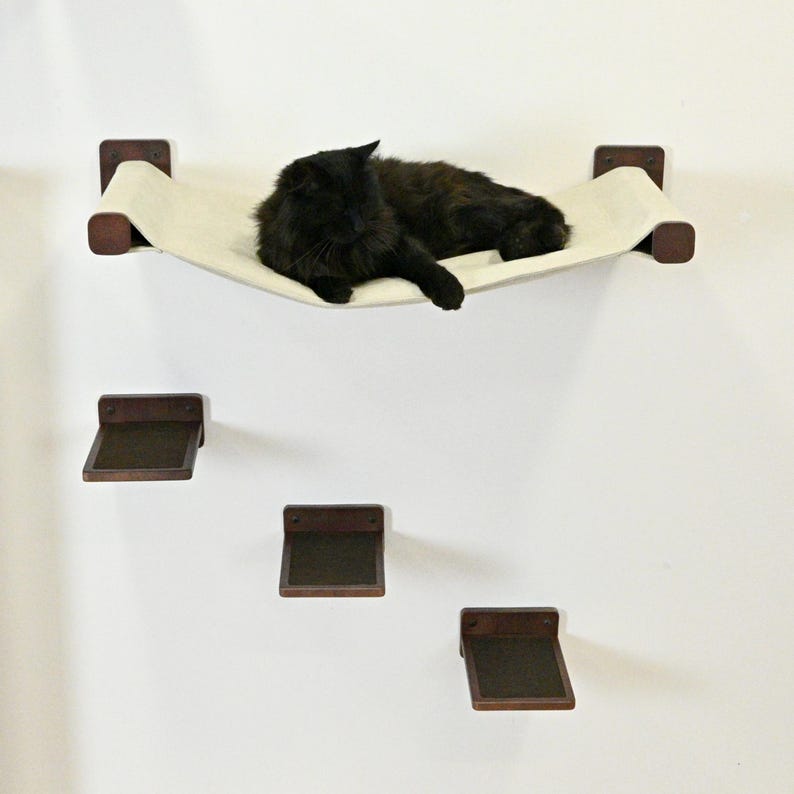 May include: A black cat rests on a cream-colored cat hammock mounted on a white wall. Below the hammock are three small, square cat shelves with dark brown frames and dark brown surfaces. The cat furniture is designed for climbing and lounging.