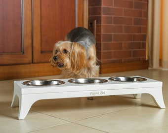 Elevated 3-Bowl Dog Feeder: Solid Wood Raised Pet Bowl Stand