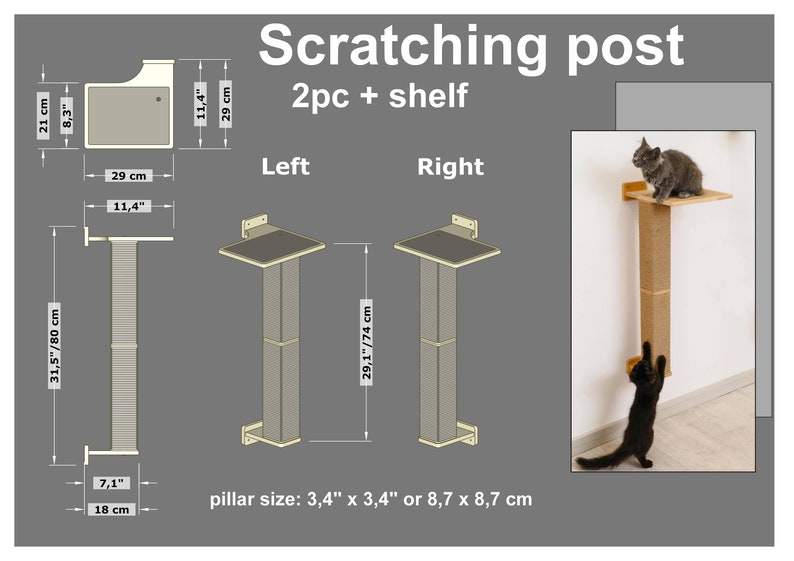 May include: A cat scratching post with a shelf, dimensions shown in inches and centimeters. The post is made of natural materials and includes a platform for the cat to rest on. The text "Scratching post 2pc + shelf" is displayed.