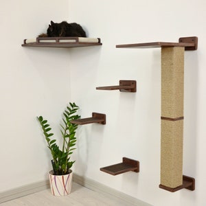 Könnte beinhalten: Ein wandmontiertes Katzenmöbel-Set bestehend aus einem Eckregal aus dunklem Holz mit beigem Kissen, drei kleinen rechteckigen Plattformen und einem hohen vertikalen Kratzstamm, der mit beigefarbenem Sisalseil umwickelt ist.