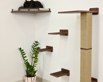 Solid Wood Cat Wall Furniture Set: Corner Shelf, Steps & Scratching Post