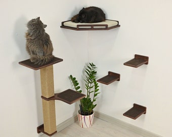 Multi-Functional Cat Wall Set: Cat Corner Shelf with Cushion, Cat Scratching Post, Cat Step, Cat Wall Furniture, Cat Tree, Cat Shelves