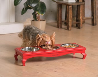 Elevated three bowl feeder for medium dogs fusion style, Red wooden raised dog bowls stand