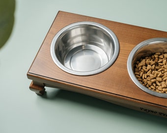 Elevated Cat Food Bowl Stand: Wood & Stainless Steel, Cat Lover Gift
