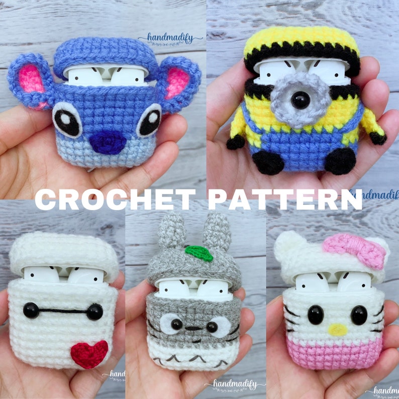 Crochet Pattern-Instant Download-English Pattern CROCHET PATTERN 5 in 1 008 5 Character Airpods 1/&2 Case cove Cute