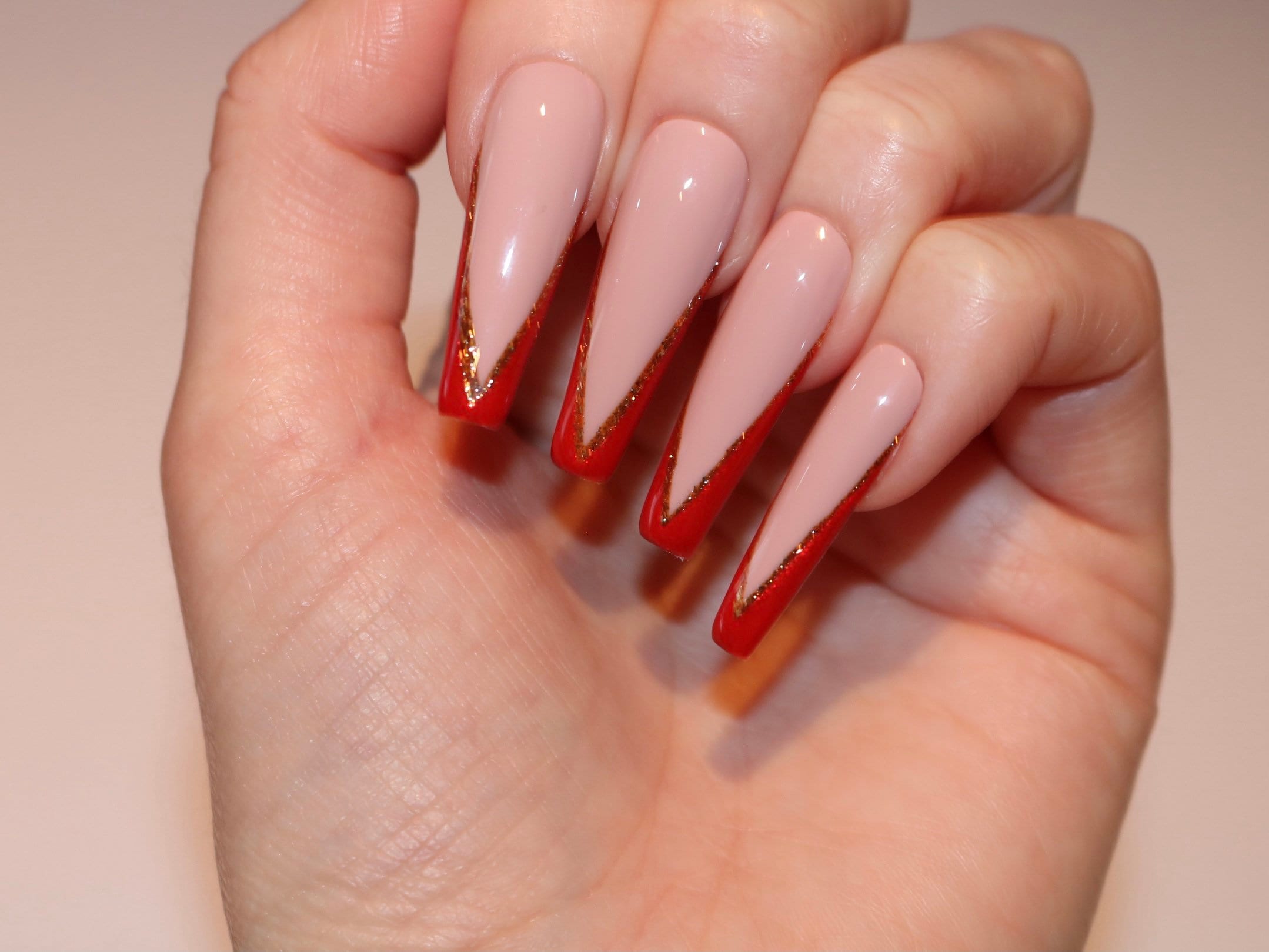 Red french tip long coffin nails French fake nails Red press | Etsy