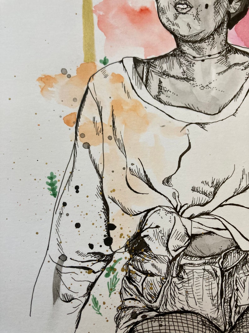 mixed media ink and watercolor drawing Portrait illustration original artwork