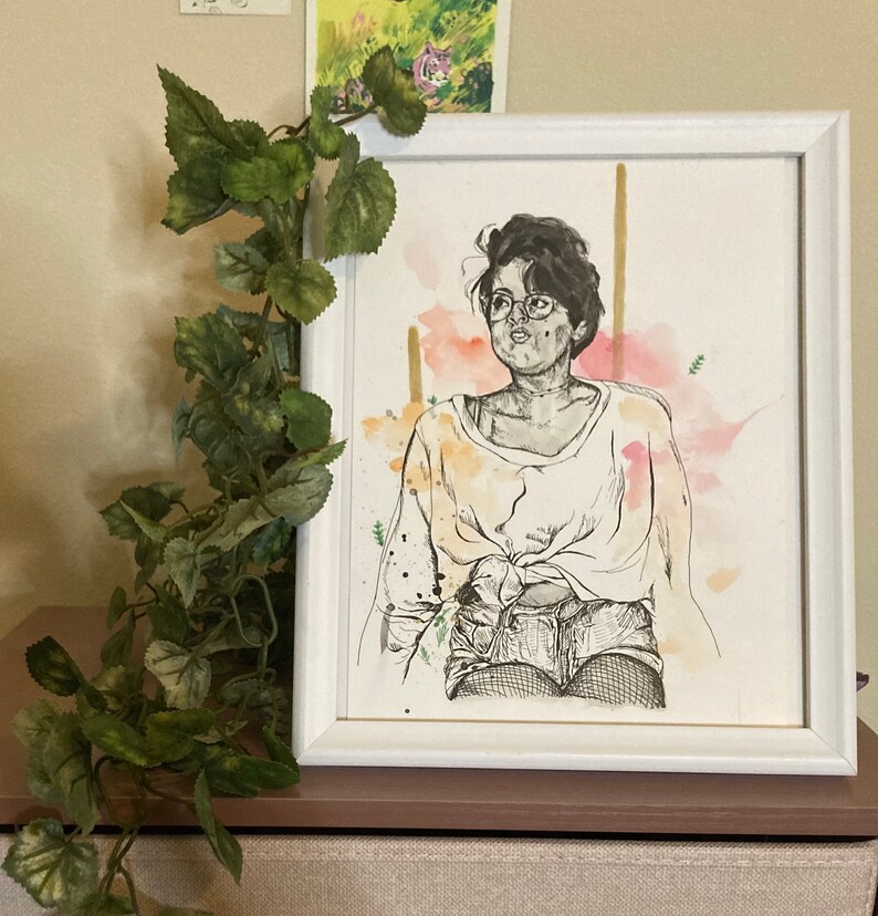mixed media ink and watercolor drawing Portrait illustration original artwork