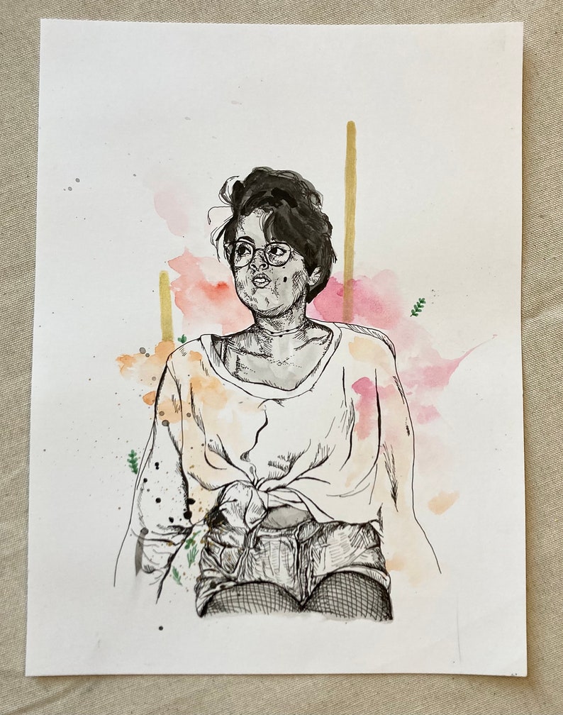 mixed media ink and watercolor drawing Portrait illustration original artwork