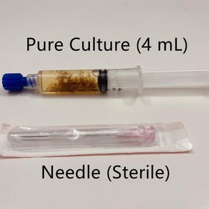 May include: A clear plastic syringe filled with a brown liquid and labeled "Pure Culture (4 mL)". A sterile needle is packaged in a clear plastic pouch.