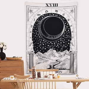 May include: Black and white tapestry featuring a crescent moon with stars, mountains, and a river. The tapestry has a Roman numeral XVIII and the word "DON" at the bottom.