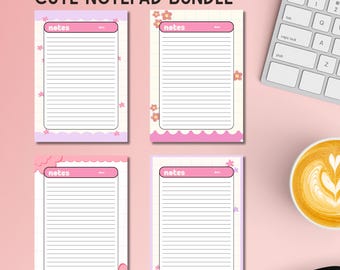 May include: A bundle of four rectangular notepads with lined paper, each featuring a pink header labeled notes and date. The designs include pastel grid patterns, scalloped edges, and floral motifs in shades of pink, purple, and yellow.
