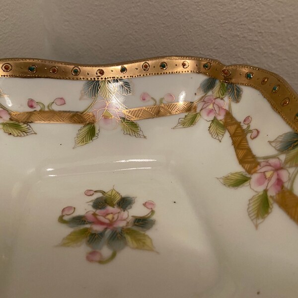 Antique Japanese Candy Dish with Moriage and Roses