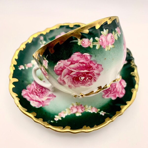 Antique Emerald Tea Cup with Hand-Painted Pink Roses