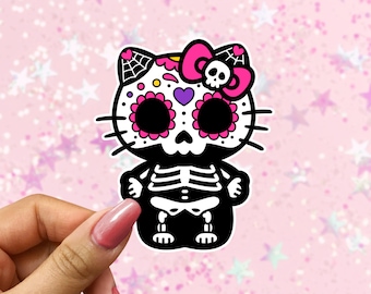 Day Of The Dead Kawaii Kitty Sticker, Dia De Los Muertos Laptop Sticker, Cute Skeleton Kitty Waterproof Sticker, Spooky Gift, Kindle Decal