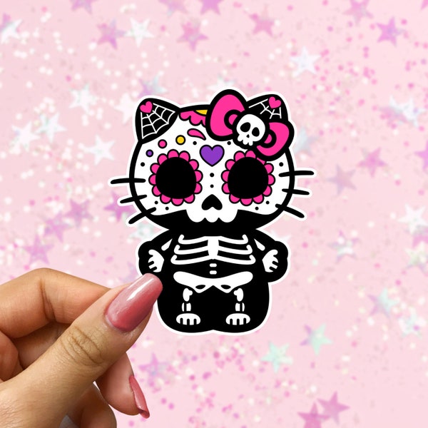 Day Of The Dead Kawaii Kitty Sticker, Dia De Los Muertos Laptop Sticker, Cute Skeleton Kitty Waterproof Sticker, Spooky Gift, Kindle Decal