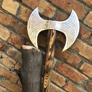 Medieval Warrior Double Headed Battle Axe With Leather Sheath, Labrys, Handmade Carbon Steel Two Sided Axe, Medieval Double Axe, Custom axe image 1