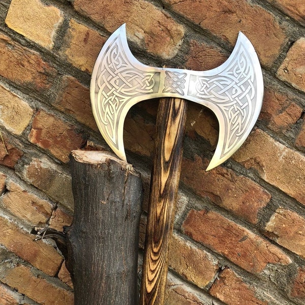 Medieval Warrior Double Headed Battle Axe With Leather Sheath, Labrys, Handmade Carbon Steel Two Sided Axe, Medieval Double Axe, Custom axe