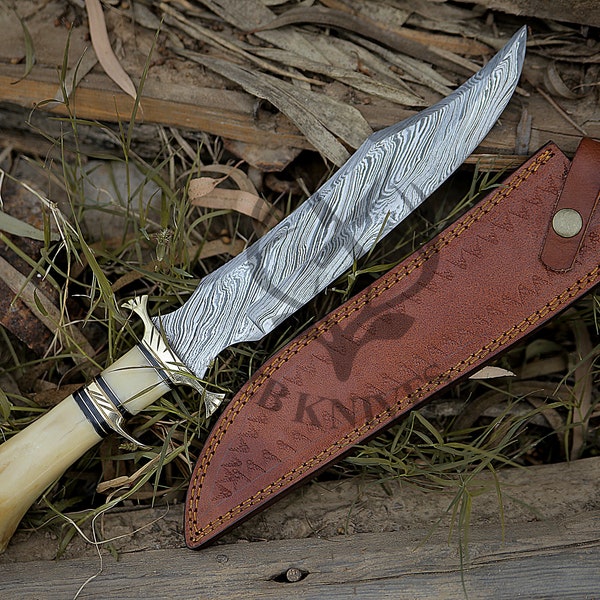 Damascus Bone Handle Knife | Father's Day Gift | Fixed Blade Knife | Groomsman Gift | Camel Bone Handle | Hunting Knife | Outdoor Knife