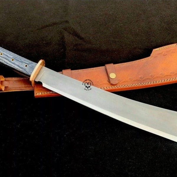 Damascus Machete, Handmade Carbon Steel Machete Sword with Leather Sheath, Hip Belt Clip, Engraved Knife Gifts for Him