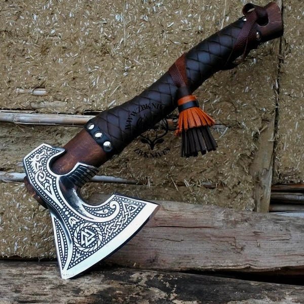 Custom Gift Forged Carbon Steel Viking Axe with Rose Wood Shaft, Viking Bearded Camping Axe