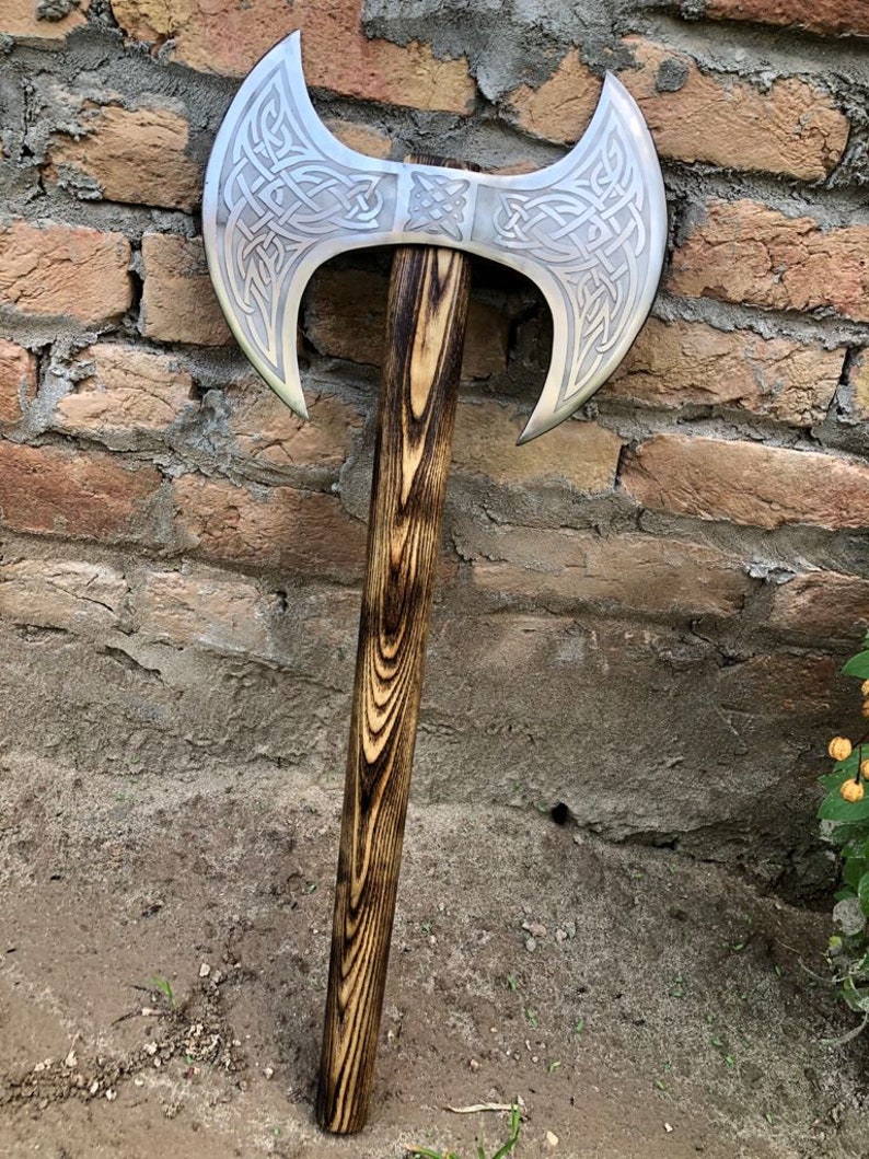 Medieval Warrior Double Headed Battle Axe With Leather Sheath, Labrys, Handmade Carbon Steel Two Sided Axe, Medieval Double Axe, Custom axe image 2